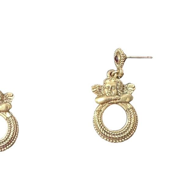 The Vatican Library Gold Toned Cherub Red Rhinestone 1.5” Dangle Hook Earrings - Picture 4 of 9